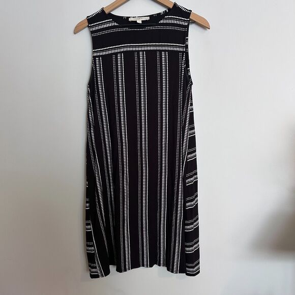 Loft Black White Trapeze Dot Stripe Swing Dress Size Medium - Picture 1 of 5